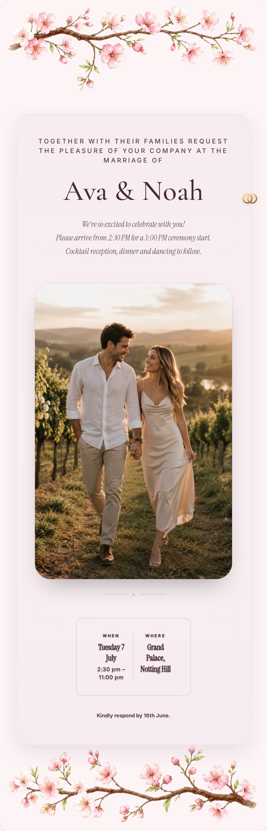 A wedding invitation made on Availi, shown on a phone
